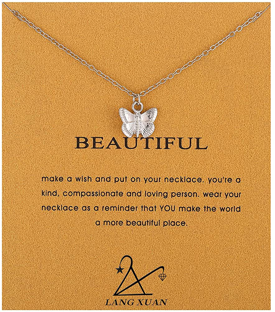 LANG XUAN Friendship Compass Necklace Good Luck Butterfly Pendant Chain Necklace with Message Card Gift Card for Women Girl