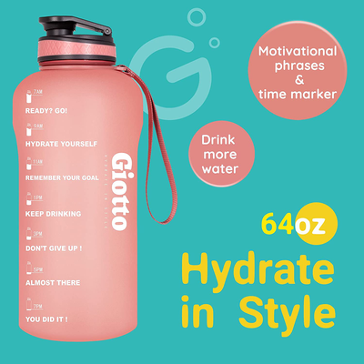 Giotto Large Half Gallon/64oz Motivational Water Bottle with Time Marker & Removable Strainer, Leakproof BPA Free Water Jug to Remind You Drink More Water and Hydrate in Style