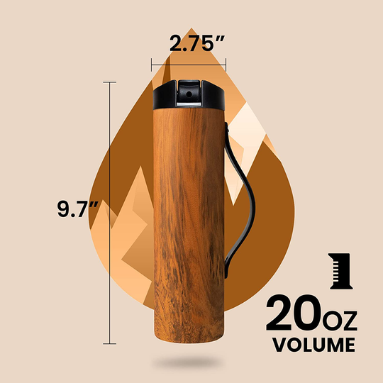 Sports Bottle, Stainless Steel Water Bottle 20oz with Sports Top, Double Insulated Water Bottles that Keep Your Drink Cold or Hot, Teak Wood - Elemental