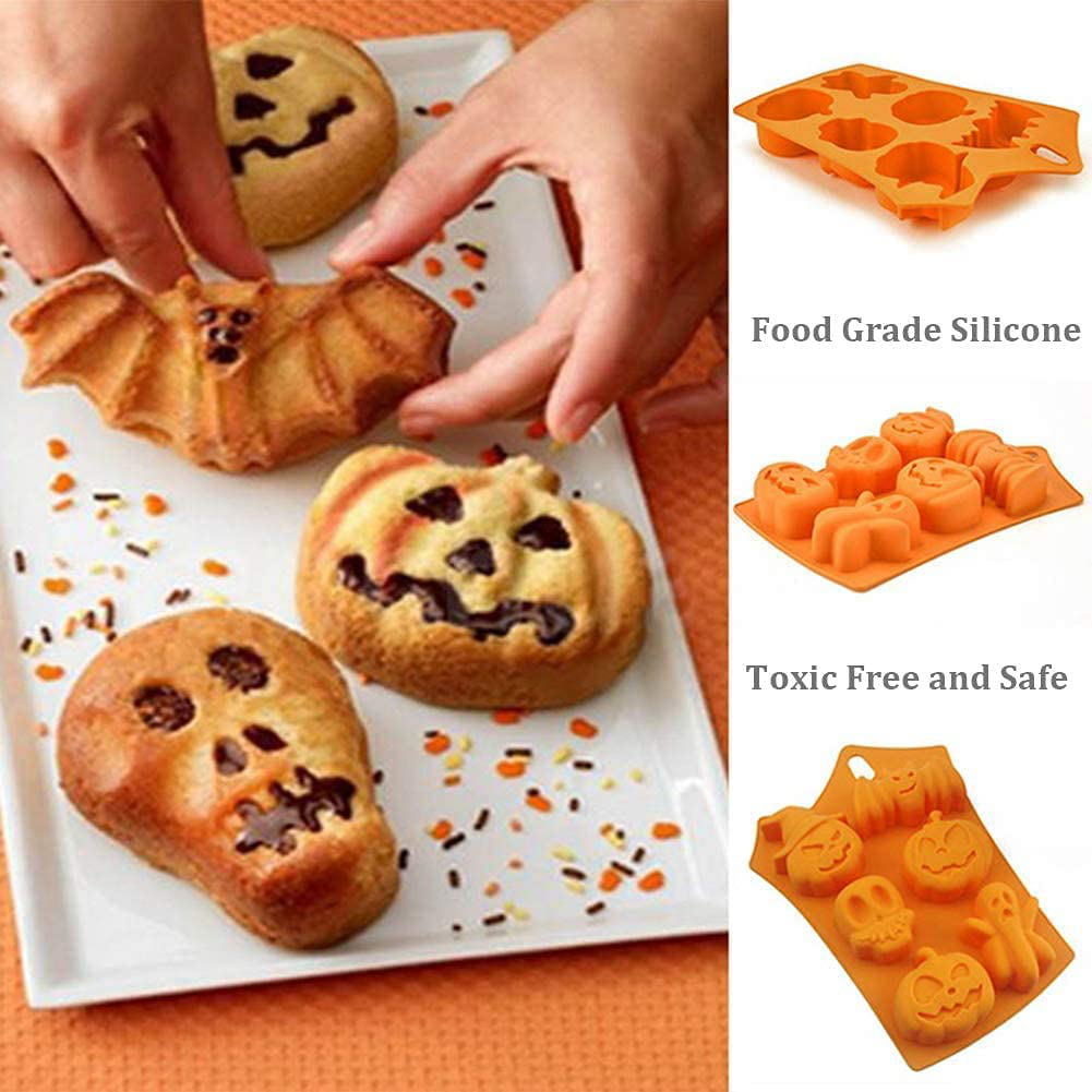 3D Silicone Halloween Pumpkin Candy Molds, Pumpkin Cake Mold Chocolate Gummy Molds, Kitchen DIY Handmade Cookie Baking Mold for Bat, Skull, Ghost Shapes - Perfect to Make Pudding, Ice Cube, Chocolate