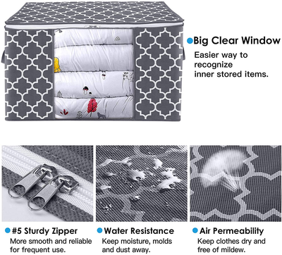 WISELIFE Storage Bags 100L 3-Pack Large Blanket Clothes Organization and Storage Containers for Bedding, Comforters, Foldable Organizer with Reinforced Handle, Clear Window, Sturdy Zippers,Grey