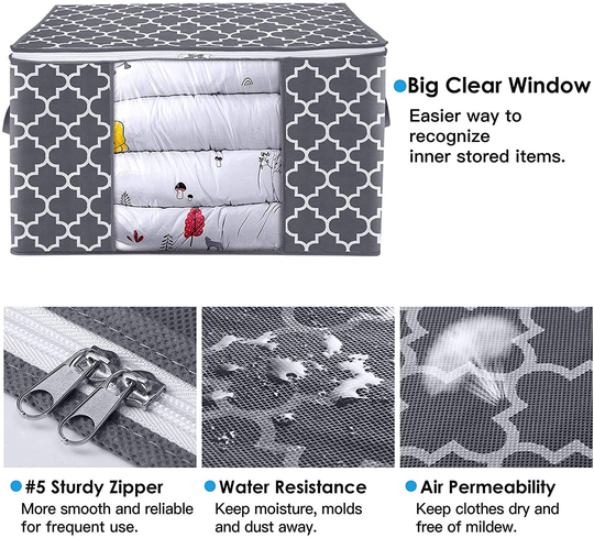 WISELIFE Storage Bags 100L 3-Pack Large Blanket Clothes Organization and Storage Containers for Bedding, Comforters, Foldable Organizer with Reinforced Handle, Clear Window, Sturdy Zippers,Grey