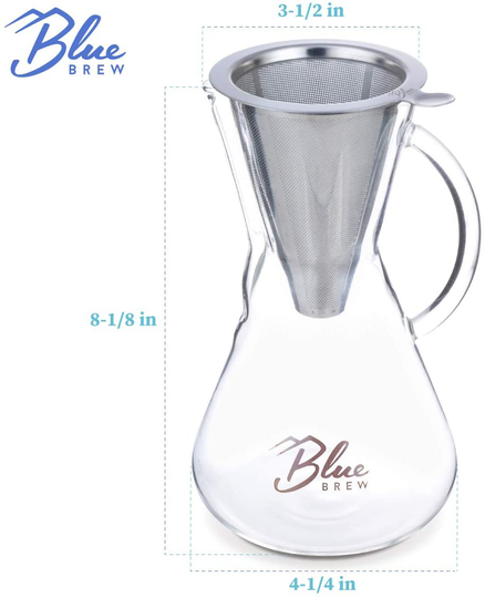 Blue Brew BB1011 Pour Over Brewer - Coffee Maker Carafe w/Permanent Filter - 15oz