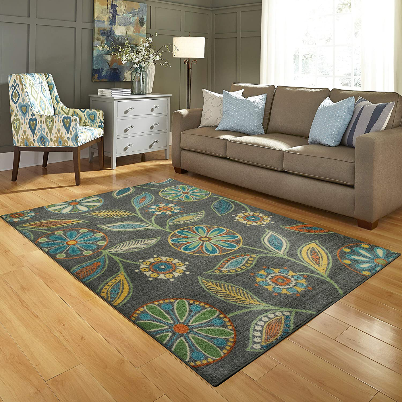 Maples Rugs Reggie Floral Non Skid 2pc Kitchen Rugs Set [Made in USA] Washable Floor Mat for Under Sink, Entryway, and Laundry Multi, 2pc Set, Beige