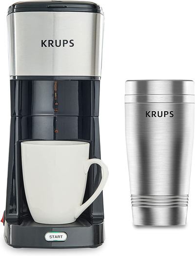 KRUPS Simply Brew to Go Single Serve Drip Coffee Maker with Travel Tumbler Included, 12 fluid ounces, Silver and Black