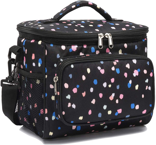 FlowFly Insulated Reusable Lunch Bag Adult Large Lunch Box for Women and Men with Adjustable Shoulder Strap,Front Zipper Pocket and Dual Large Mesh Side Pockets, Flower