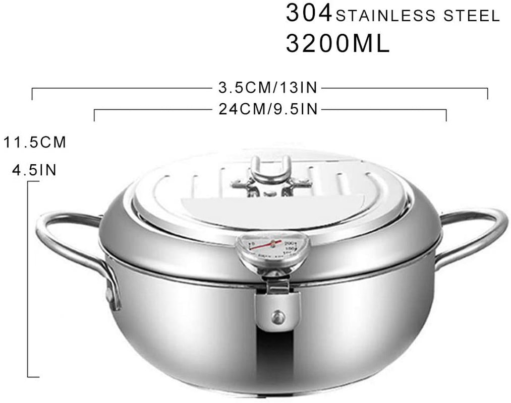 Stainless Steel Deep Fryer, 9.5 Inch Temperature Control Fryer with Lid and Oil Drip Rack, Tempura Frying Pot for Kitchen Cooking (3.2L/304)