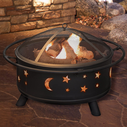 Fire Pit Set, Wood Burning Pit - Includes Screen, Cover and Log Poker- Great for Outdoor and Patio, 30 inch Round Star and Moon Firepit by Pure Garden