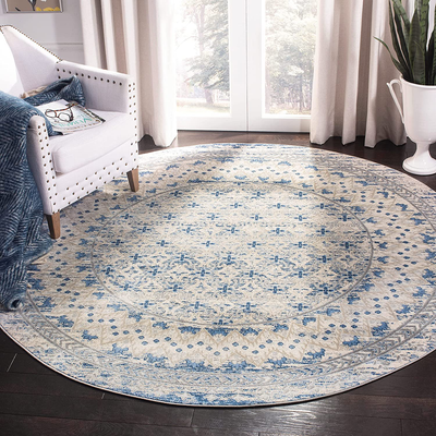 Safavieh Brentwood Collection BNT899G Traditional Oriental Distressed Non-Shedding Stain Resistant Living Room Bedroom Area Rug, 6'7" x 6'7" Round, Light Grey / Blue