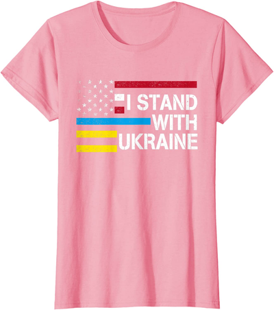 Support I Stand With Ukraine American Flag Ukrainian Flag T-Shirt