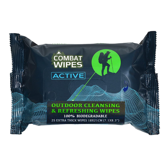 Combat Wipes ACTIVE Outdoor Wet Wipes | Extra Thick, Ultralight, Biodegradable, Body & Hand Cleansing/Refreshing Cloths for Camping, Gym & Backpacking w/ Natural Aloe & Vitamin E (25 WIpes)