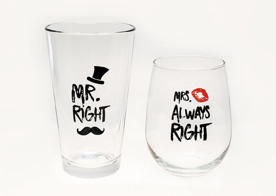 Funny Wedding Gifts - Mr. Right and Mrs. Always Right Novelty Wine Glass and Beer Glass Combo - Engagement Gift for Couples