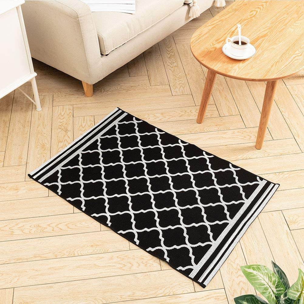 Black Small Moroccan Woven Kitchen Rug 2'x4.3', Printed Diamond Trellis Geometric Pattern Area Rugs for Bathroom Laundry Living Room, Door Mat