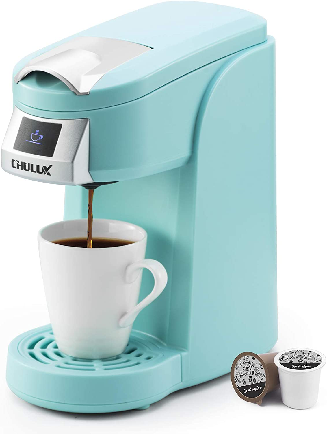 CHULUX Single Cup Coffee Maker Machine,12 Ounce Pod Coffee Brewer,One Touch Function for Brewing Capsule or Ground Coffee,Cyan