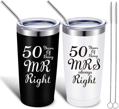 2 Pieces 50th Wedding Anniversary Coffee Mug, 50 Years of Being MR/MRS Always Right Gifts Set for Grandparents Couple Husband Wife, 20 oz Mug Tumbler with Lids and Gift Box (Black, White)