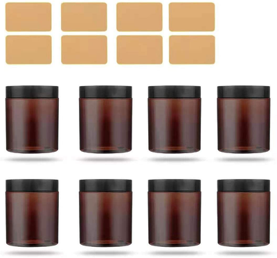 8oz Plastic Amber Mason Jars 8 Pack,Round Mason Canning Jars with Black Plastic Lids for Food Storage,Lotion,Arts & Crafts,Creams,Butter,Cosmetics,Powders & Ointments,6 Yellow Labels Included