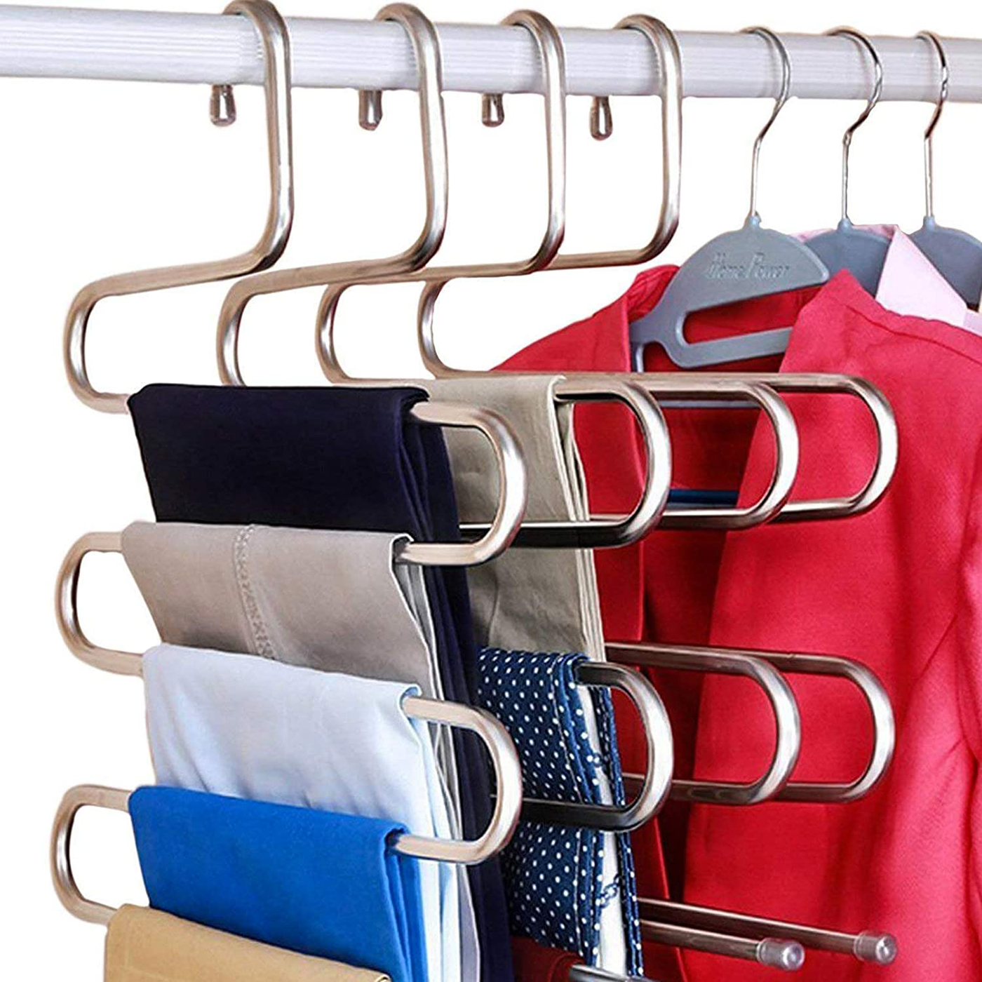 DOIOWN S-Type Stainless Steel Clothes Pants Hangers Closet Storage Organizer for Pants Jeans Scarf Hanging (14.17 x 14.96ins, Set of 3) (3-Pieces)