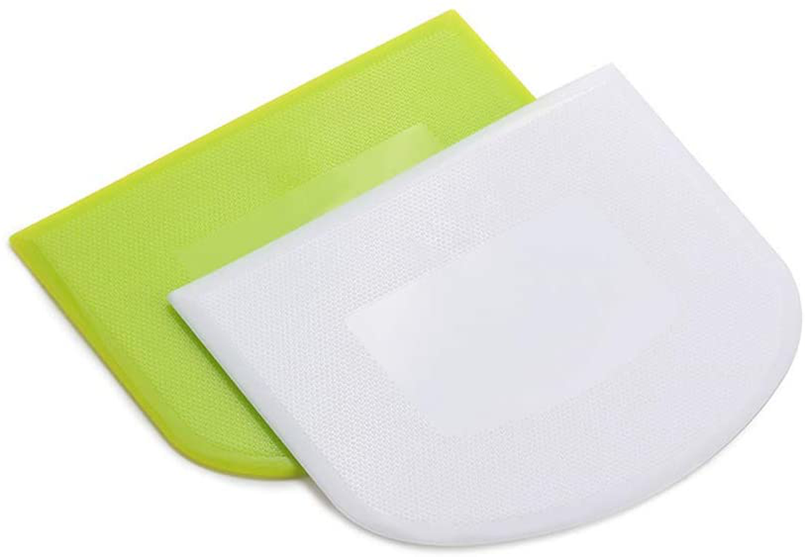 lasenersm 2 Pieces Dough Scraper Bowl Scraper Food-safe Plastic Dough Cutter Flexible Plastic Scraper Bench Scraper Multipurpose Food Scrappers for Bread Dough Cake Fondant Icing, White, Green