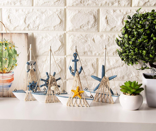 Miniature Sailing Boat Model, Nautical Home Decor (4.4 x 6.8 x 1.25 in, 4 Piece Set)