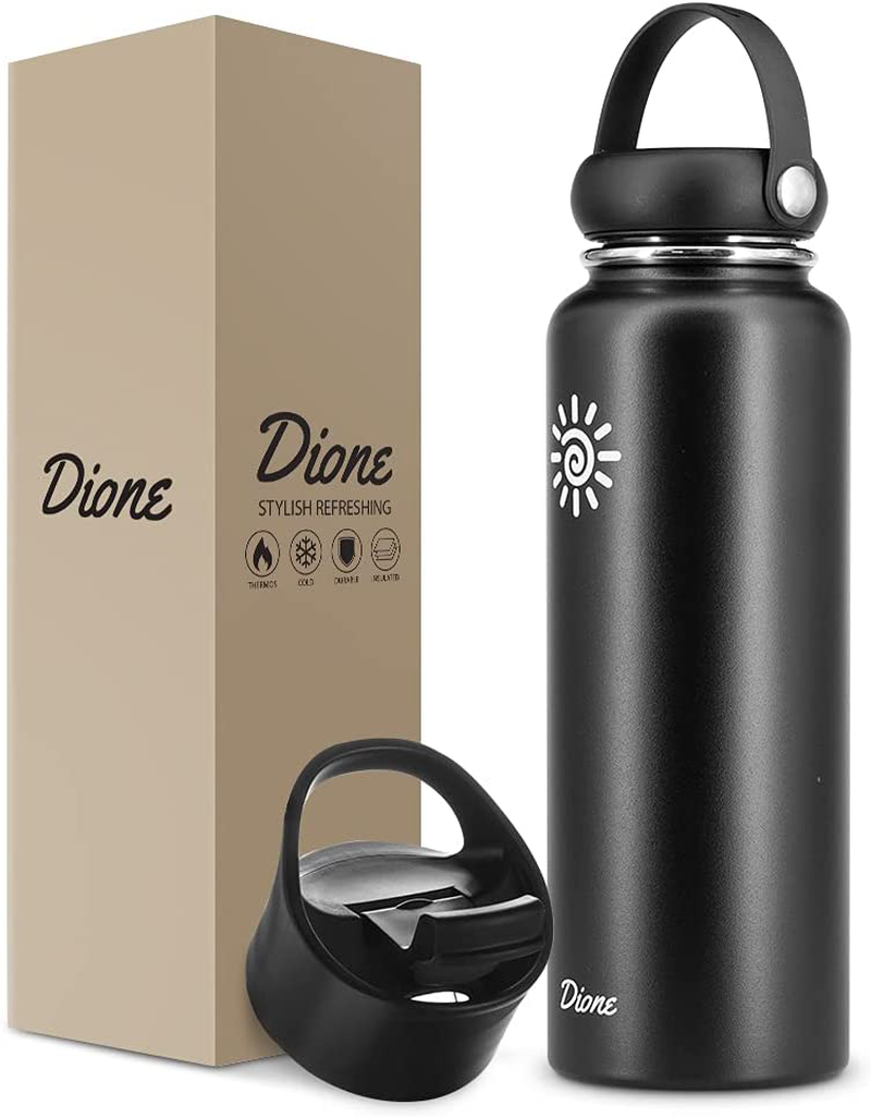 Dione Water Bottle 40 oz. Flask Double Wall Stainless Steel & Vacuum Insulated (Black) Sport Hydro Container for Home, Office, School, Outdoor Camping (Standard Mouth / Leak Proof / BPA Free Cap)
