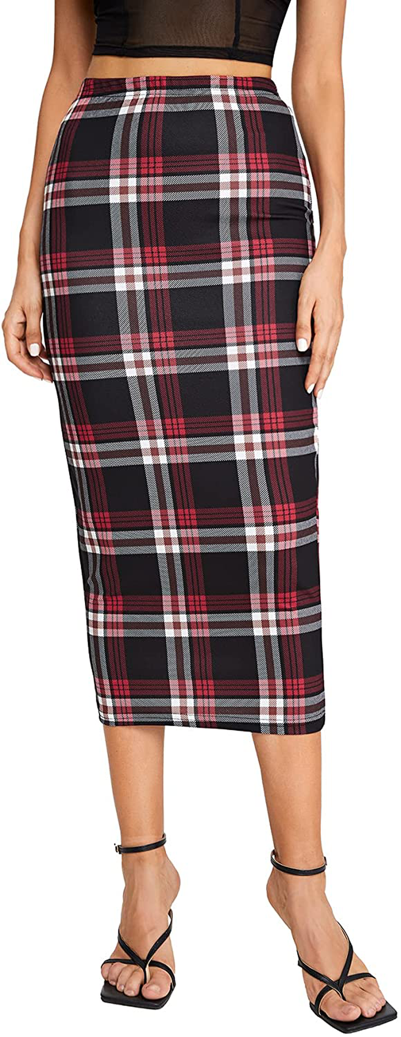 Verdusa Women's Elegant Plaid Elastic Waist Bodycon Midi Skirt