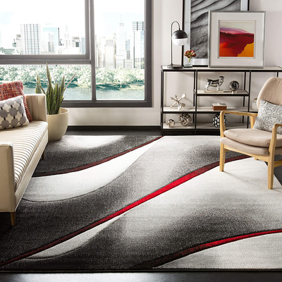 Safavieh Hollywood Collection HLW712K Mid-Century Modern Non-Shedding Stain Resistant Living Room Bedroom Area Rug, 4' x 4' Square, Grey / Red