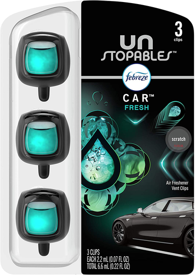 Febreze Unstopables Car Air Freshener, Odor Eliminator for Strong Odors, Vent Clip Fresh, .07 Fl Oz., 3 Count
