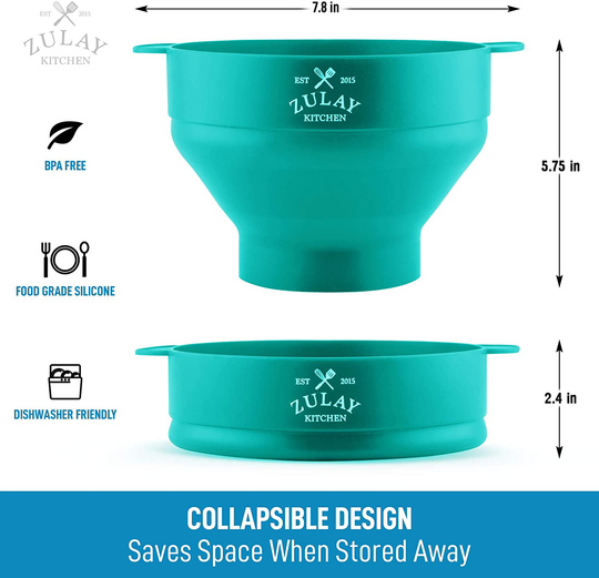 Zulay Kitchen Microwave Popcorn Popper Collapsible, BPA Free Silicone Popcorn Popper Microwave Collapsible Bowl, Quick & Easy Popcorn Popper Silicone Microwave (Aqua)