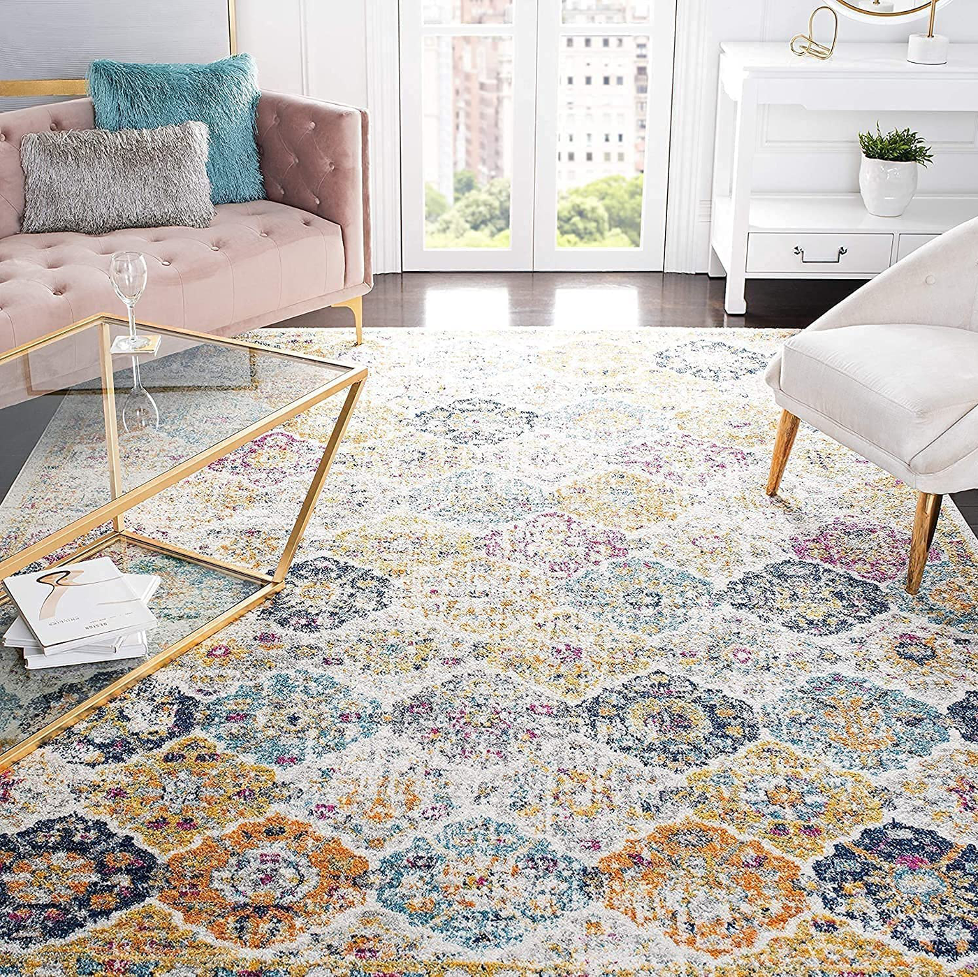 Safavieh Madison Collection MAD611B Boho Chic Floral Medallion Trellis Distressed Non-Shedding Living Room Bedroom Area Rug, 5'3" x 5'3" Square, Cream / Multi