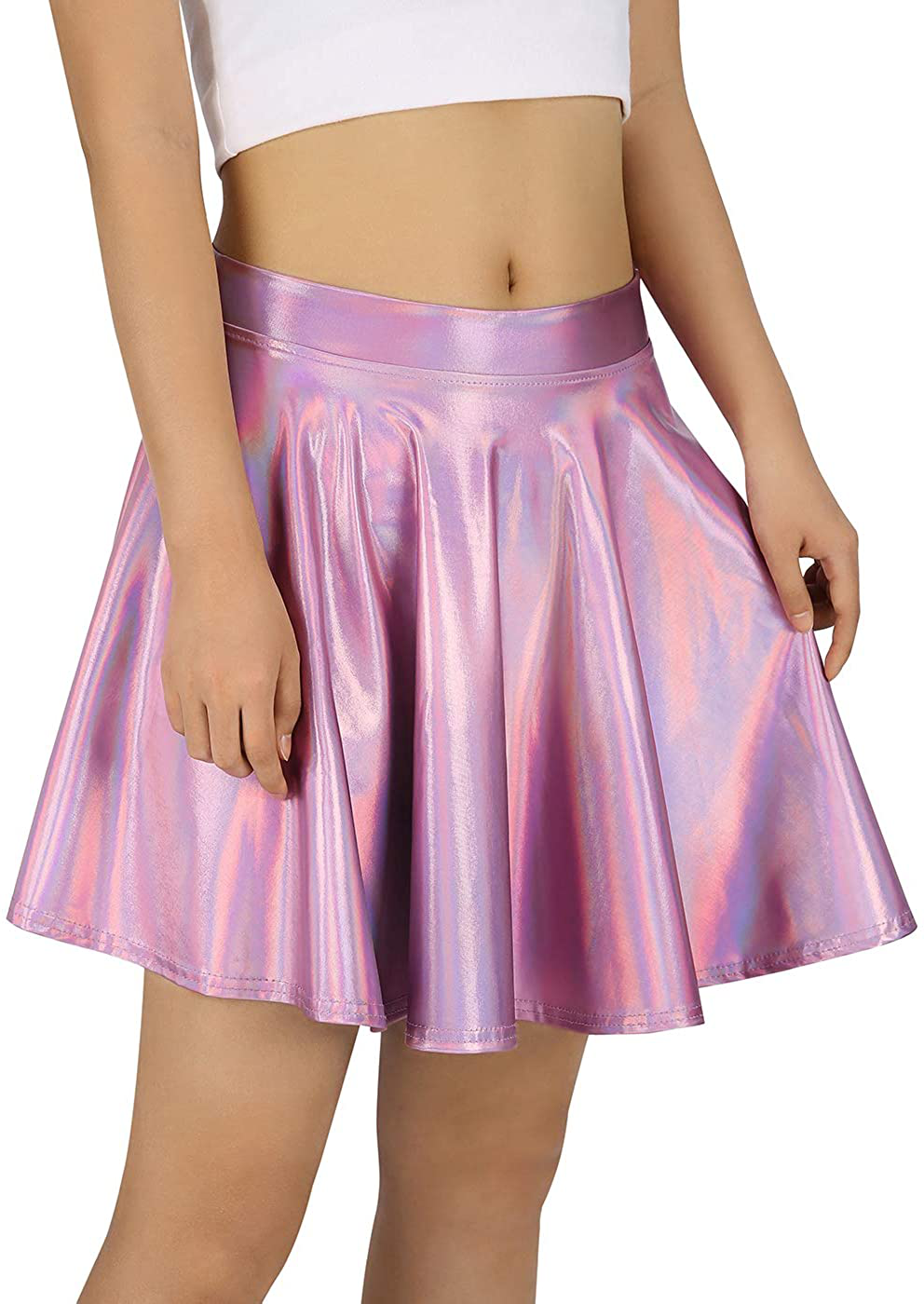 HDE Women's Shiny Liquid Metallic Holographic Pleated Flared Mini Skater Skirt