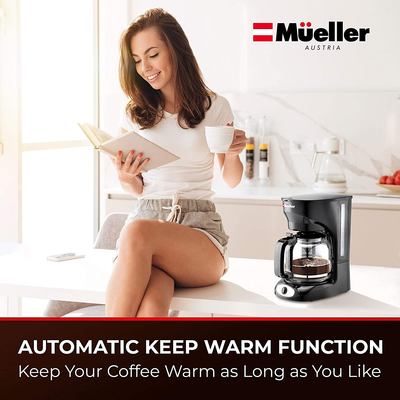 Mueller 12-Cup Drip Coffee Maker, Auto Keep Warm Function, Smart Anti-Drip System, with Durable Permanent Filter and  Borosilicate Glass Carafe, Clear Water Level Window Coffee Machine