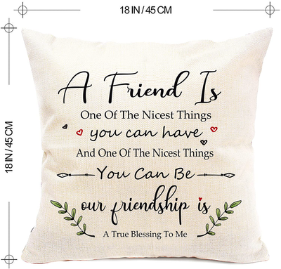 Friendship Gifts, Pillow Cases 18 x 18 with Friend Quotes, Decorative Pillow Covers with Sayings, Personalized White Couch Covers for Home, Cute Birthday Christmas Thank You Presents for Women and Men