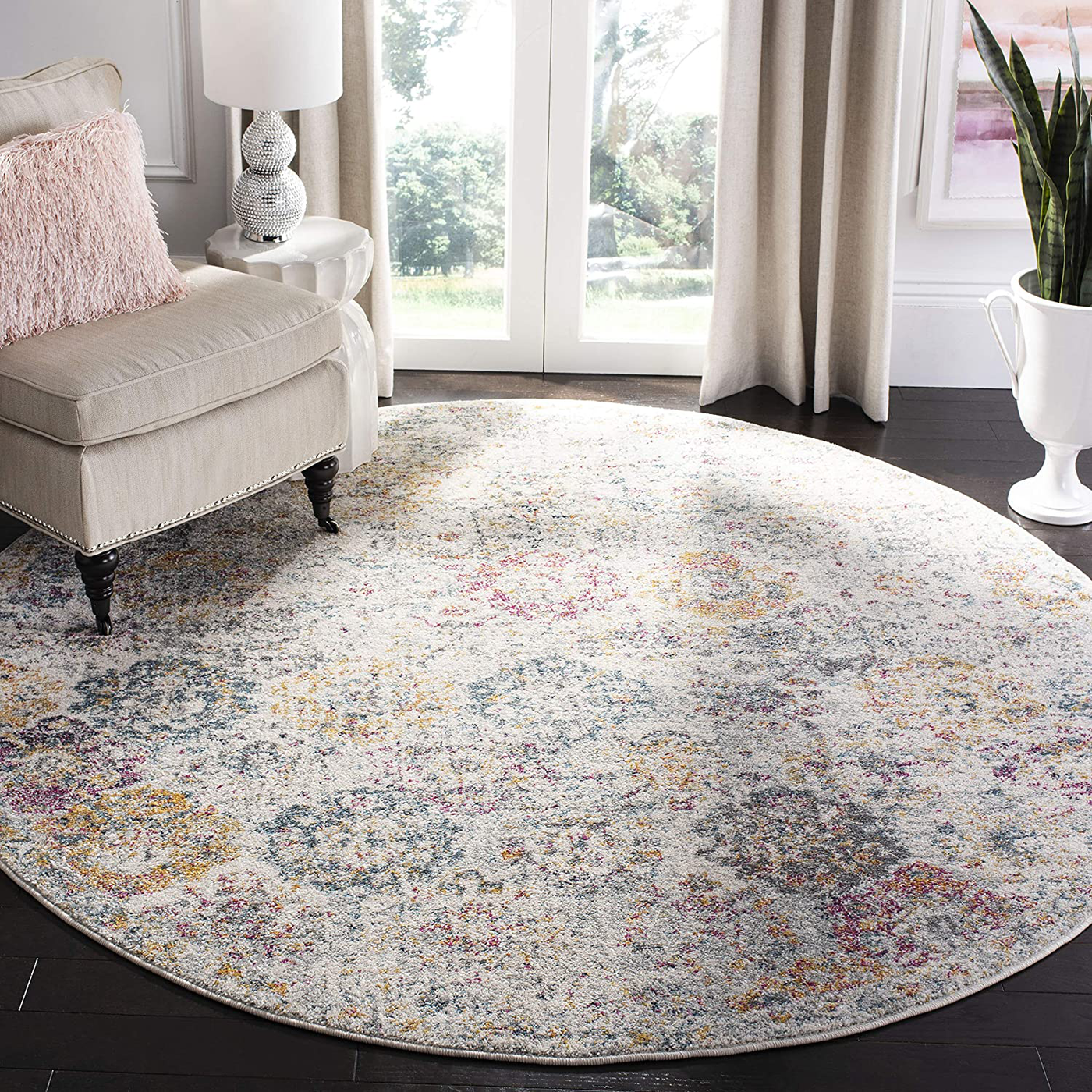 Safavieh Madison Collection MAD611F Boho Chic Floral Medallion Trellis Distressed Non-Shedding Stain Resistant Living Room Bedroom Area Rug, 4' x 4' Round, Grey / Gold