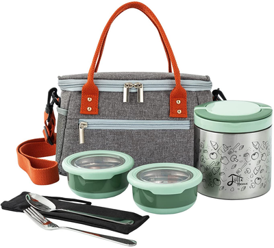 Lille Home Lunch Box Set, A Vacuum Insulated Bento/Snack Box Keeping Food Warm for 4-6 Hours, Two Stainless Steel Food Containers, A Lunch Bag, A Portable Cutlery Set (Green)