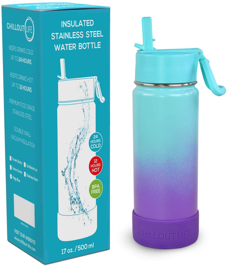 CHILLOUT LIFE 17 oz Insulated Water Bottle with Straw Lid for Kids and Adult + 20 Cute Waterproof Stickers - Perfect for Personalizing Your Kids Metal Water Bottle