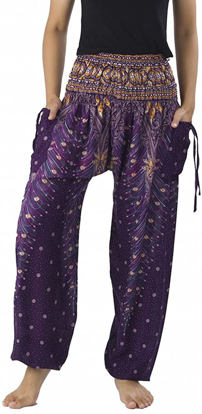 Lannaclothesdesign Women's Smocked Waist Peacock Print Harem Pants Hippie Bohemian Style