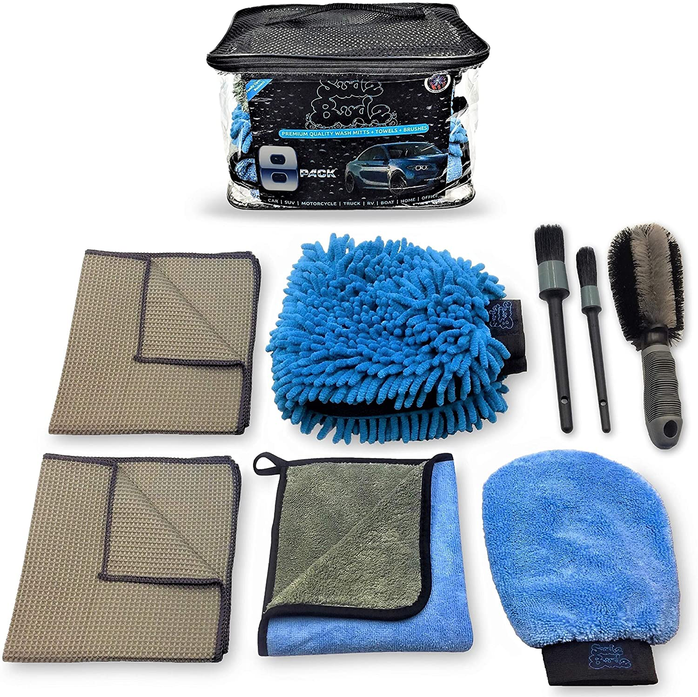 Sudz Budz Premium Microfiber Car Wash Kit 8pcs | Multipurpose Car Wash Mitts, Microfiber Towel Set, Wheel Brush, Car Detailing Brush Set. Auto Detailing Supplies for Exterior Washing Interior Cleaning