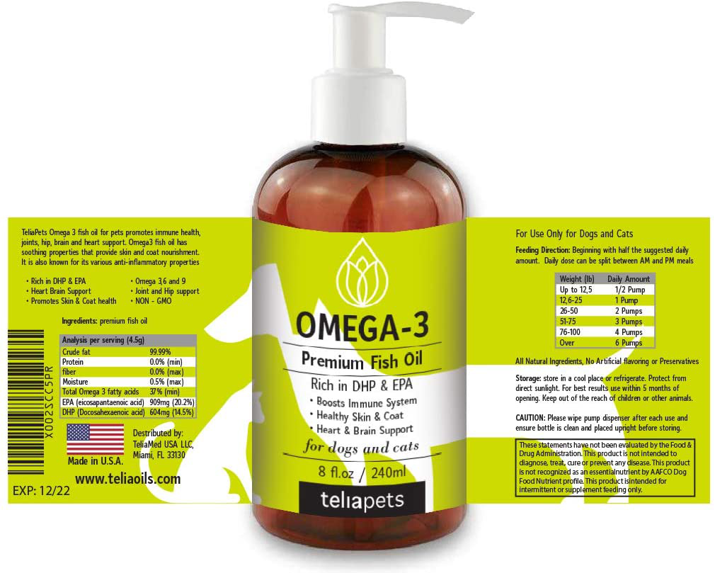 Teliapets Pure Omega – 3, 6, 9 Fish Oil Supplement for Dogs and Cats – High Concentrated EPA and DHA for Better and Faster Results 8Fl oz / 240 ml.