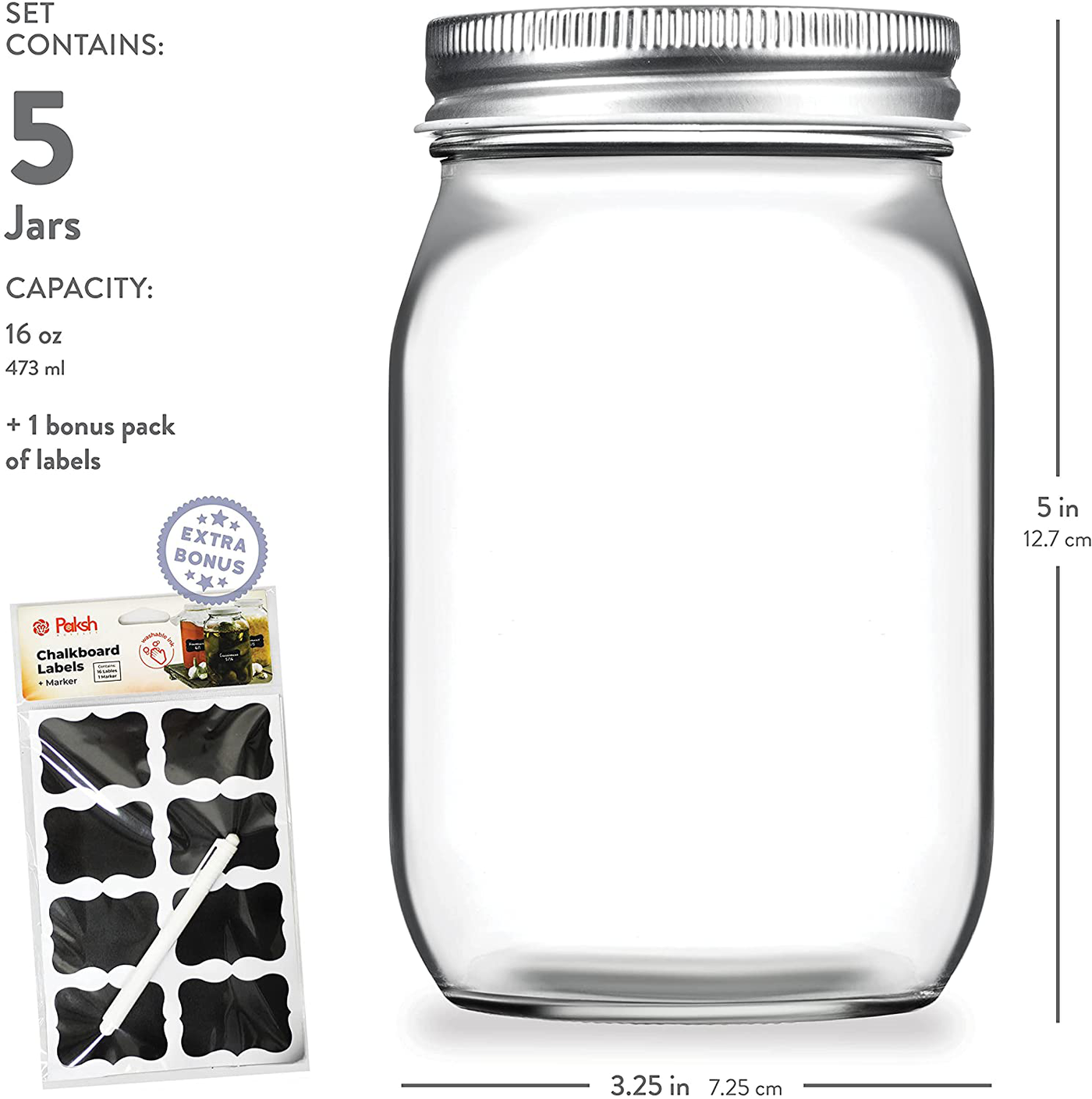 Regular-Mouth Glass Mason Jars, 16-Ounce (5-Pack) Canning Jars with Silver Metal Airtight Lids for Meal Prep, Food Storage, Canning, Jelly, Dry Food, Spices, Salads, Yogurt with Chalkboard Labels Set