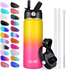 Glink Stainless Steel Water Bottle with Straw, 32oz Wide Mouth Double Wall Vacuum Insulated Water Bottle Leakproof, Straw Lid and Spout Lid with New Rotating Rubber Handle Aurora