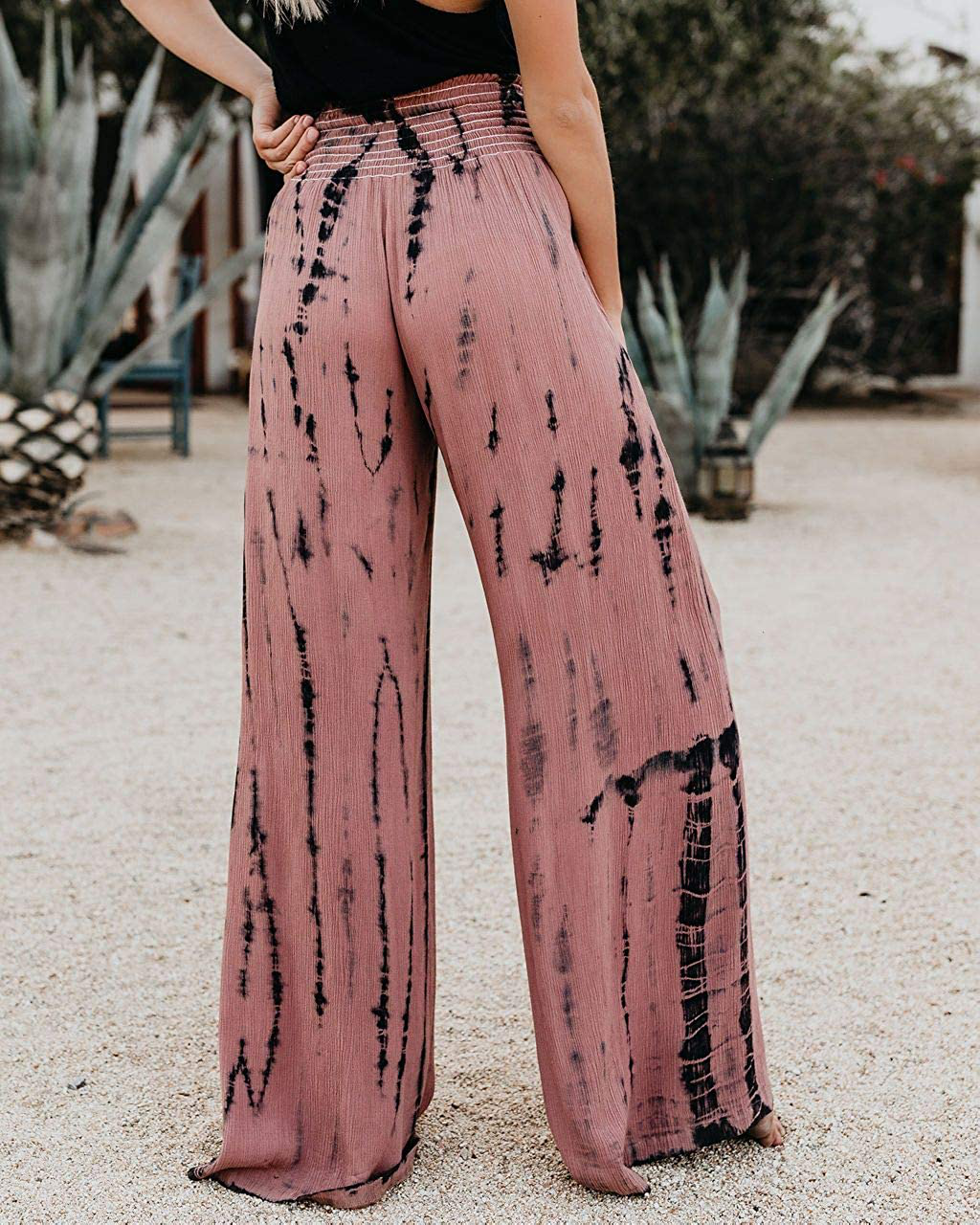 BZB Women Smocked High Waist Tie Dye Boho Pants Casual Print Wide Leg Pants