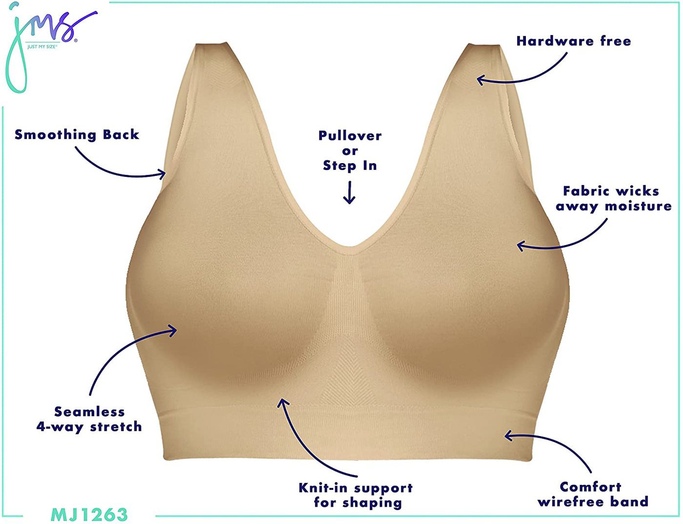 JUST MY SIZE Pure Comfort Seamless Wirefree Bra with Moisture Control (1263)