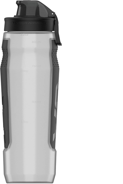 Under Armour 32oz Playmaker Squeeze Water Bottle, Sanitary Cap Cover, High Flow Push/ Pull Nozzle, Non-Slip Grip, Finger Loop Carry, Fits Bike Holder, Cycling, Gym, Hiking, All Sports