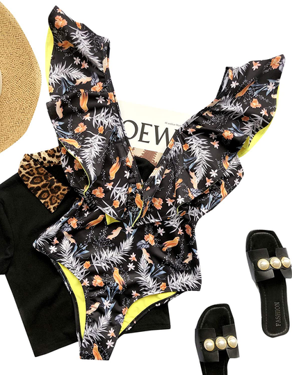 SheIn Women's Floral Plunge Neck One Piece Swimwear Ruffle Monokini Bathing Suit