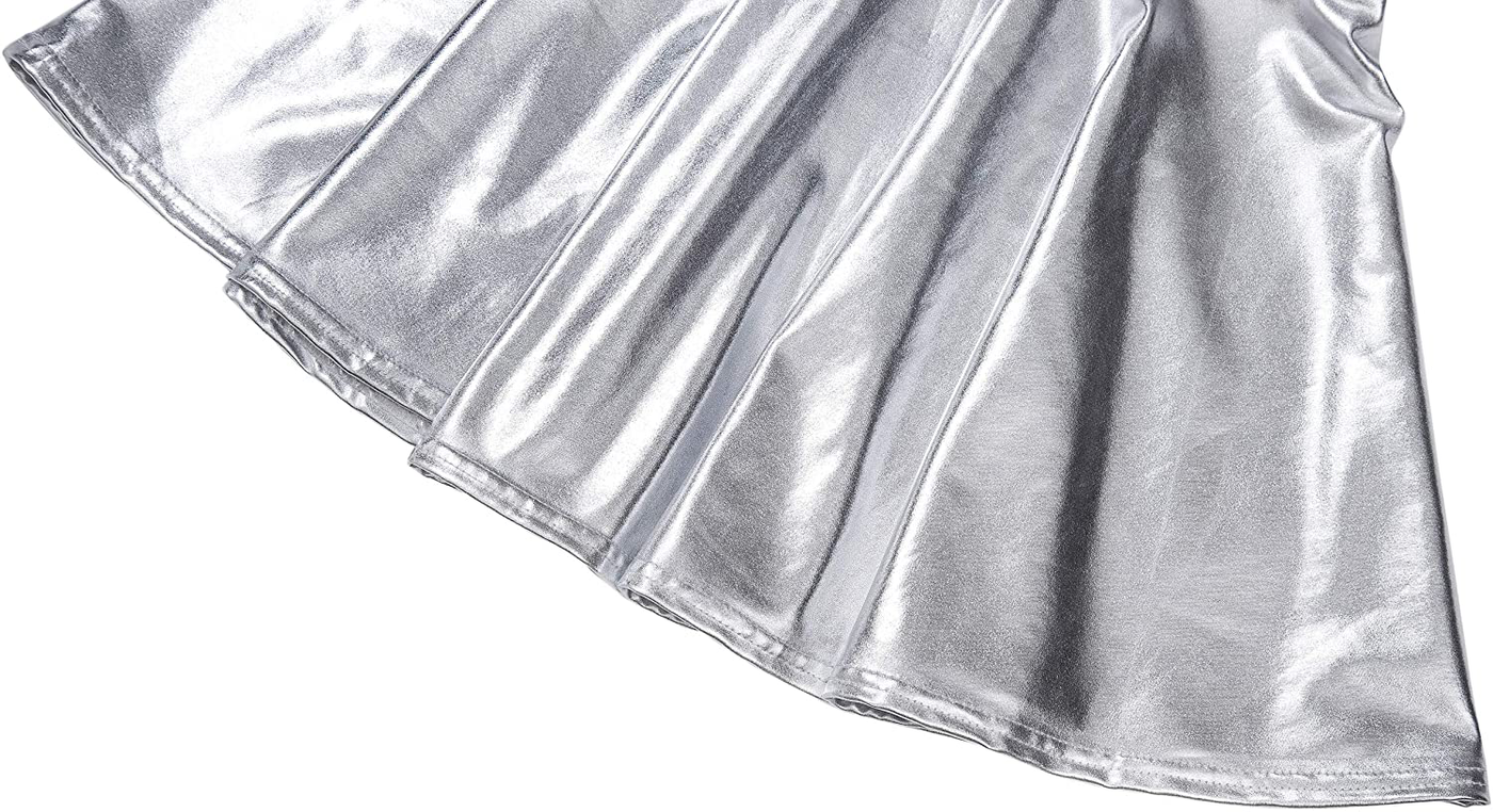 EXCHIC Women's Shiny Metallic Wet Look Stretchy Flared Mini Skater Skirt