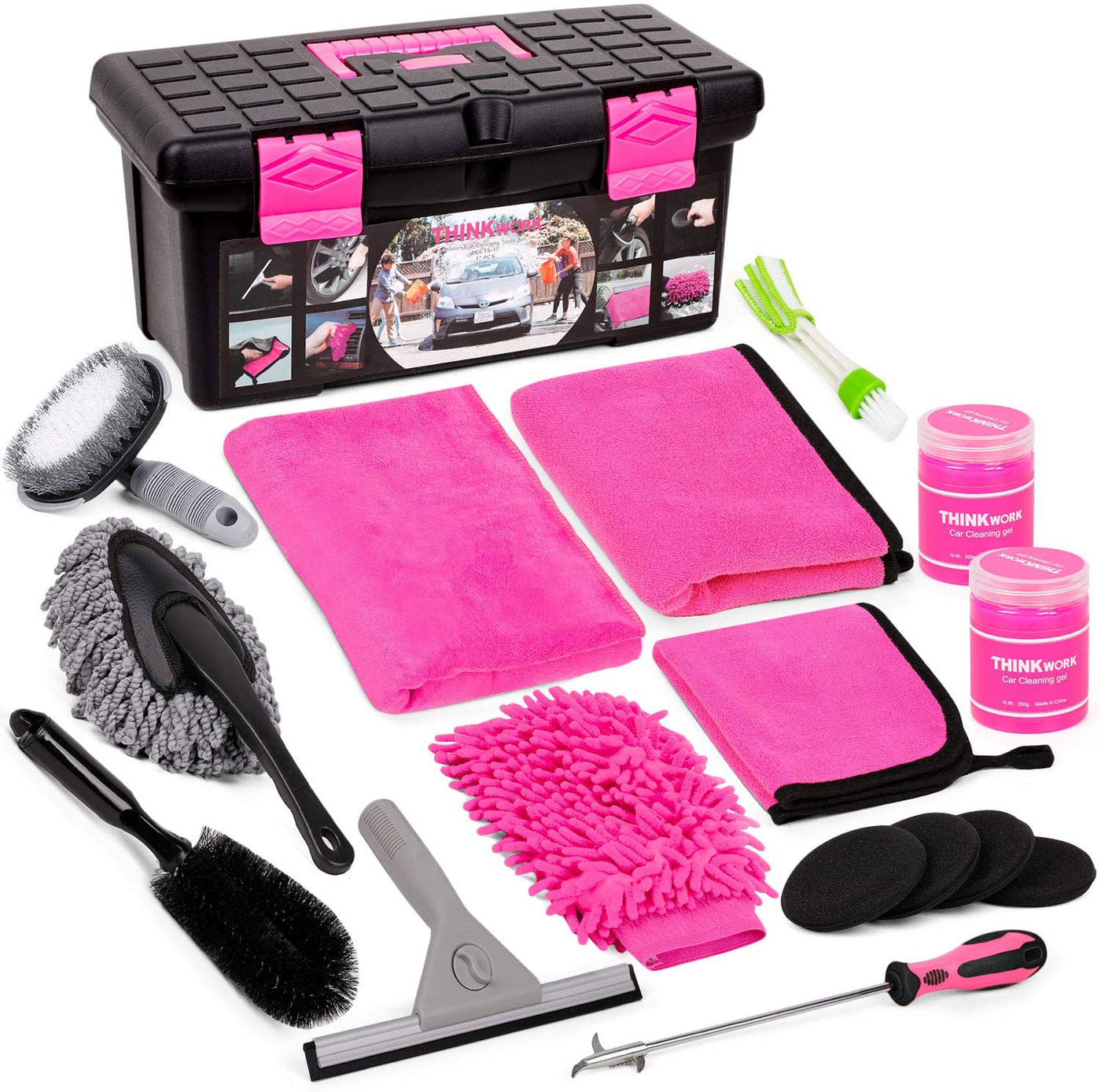 Car Wash Kit, Pink Car Cleaning Kit Interior and Exterior, Car Accessories for Women - Cleaning Gel, Microfiber Cleaning Cloth, Car Wash Mitt, Duster, Squeegee, Microfiber Wax Applicator(17pcs)