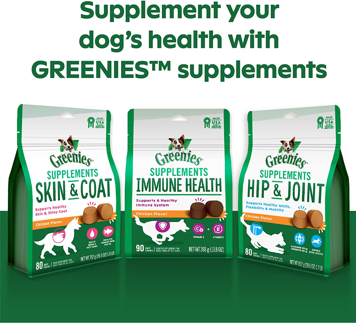 GREENIES Immune Health Dog Supplements with an Antioxidant Blend of Vitamin C and E, 90-Count Chicken-Flavor Soft Chews for Adult Dogs