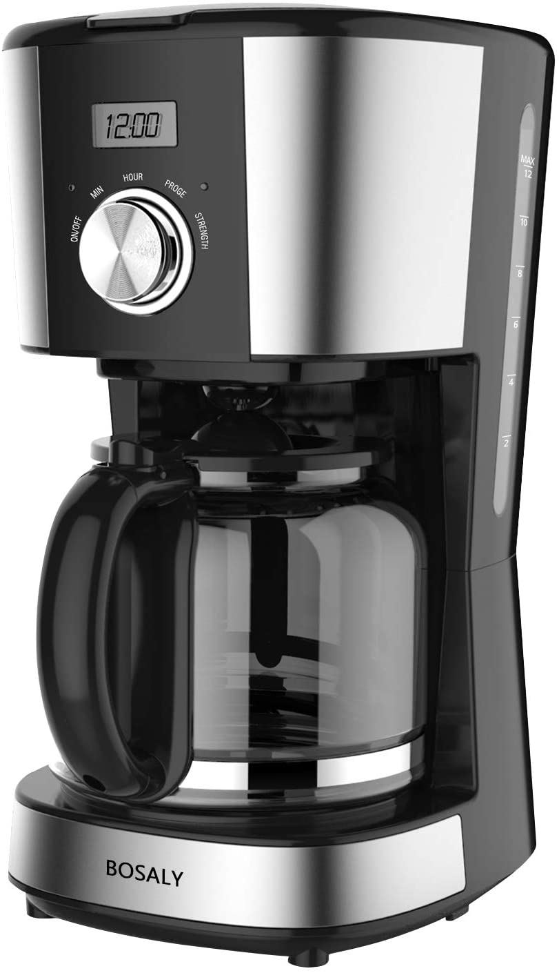 12-Cups Coffee Maker, BOSALY Programmable Drip Coffee Machine, Glass Carafe, Multiple Brew Strength, Keep Warm