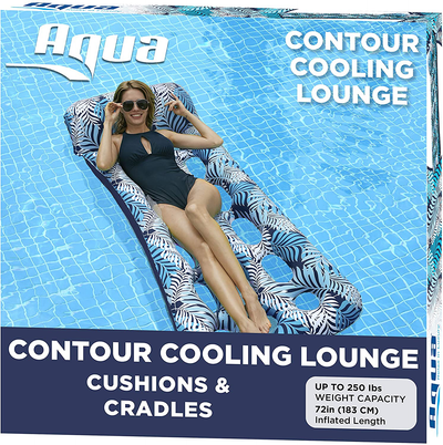 Aqua 18-Pocket Inflatable Contour Lounge, Luxury Fabric, Suntanner Pool Float, Heavy Duty, Blue Ferns