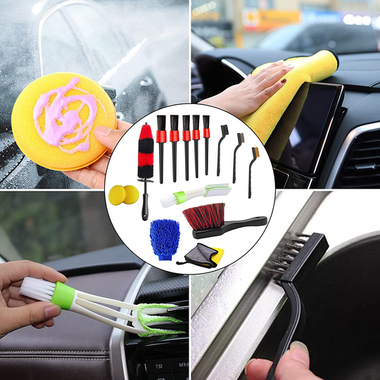 Jaronx 15 PCS Car Wheel & Tire Brush Set, 17 Inches Long Handle Rim Wheel Brush, Short Handle Wheel Brush, Detailing Brushes, Wash Mitt, Vent Duster, Wax Applicator Pads, Washing Towels, Wire Brushes